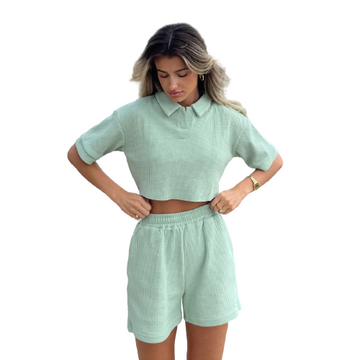 Knitted Cropped Polo Shirt & Shorts Set