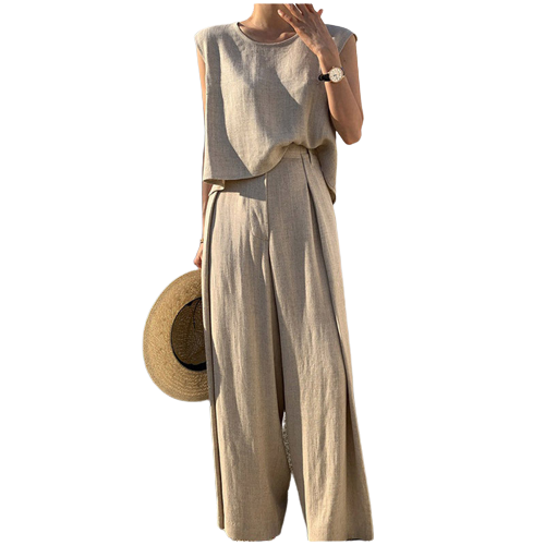 Cotton Linen Sleeveless Top &  Wide Leg Pants Set