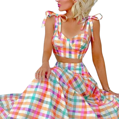 Plaid Print Tied Crop Top & Skirt Set