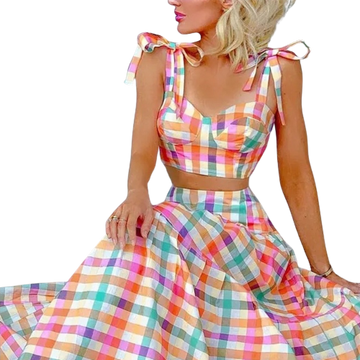 Plaid Print Tied Crop Top & Skirt Set