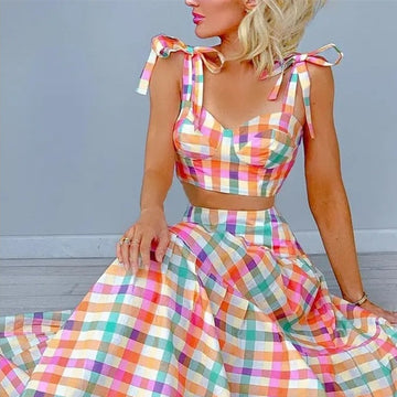 Plaid Print Tied Crop Top & Skirt Set