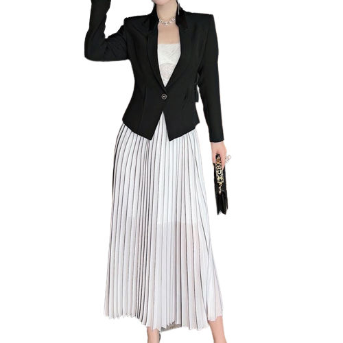 Black Blazer & Midi  Pleated Skirt Set